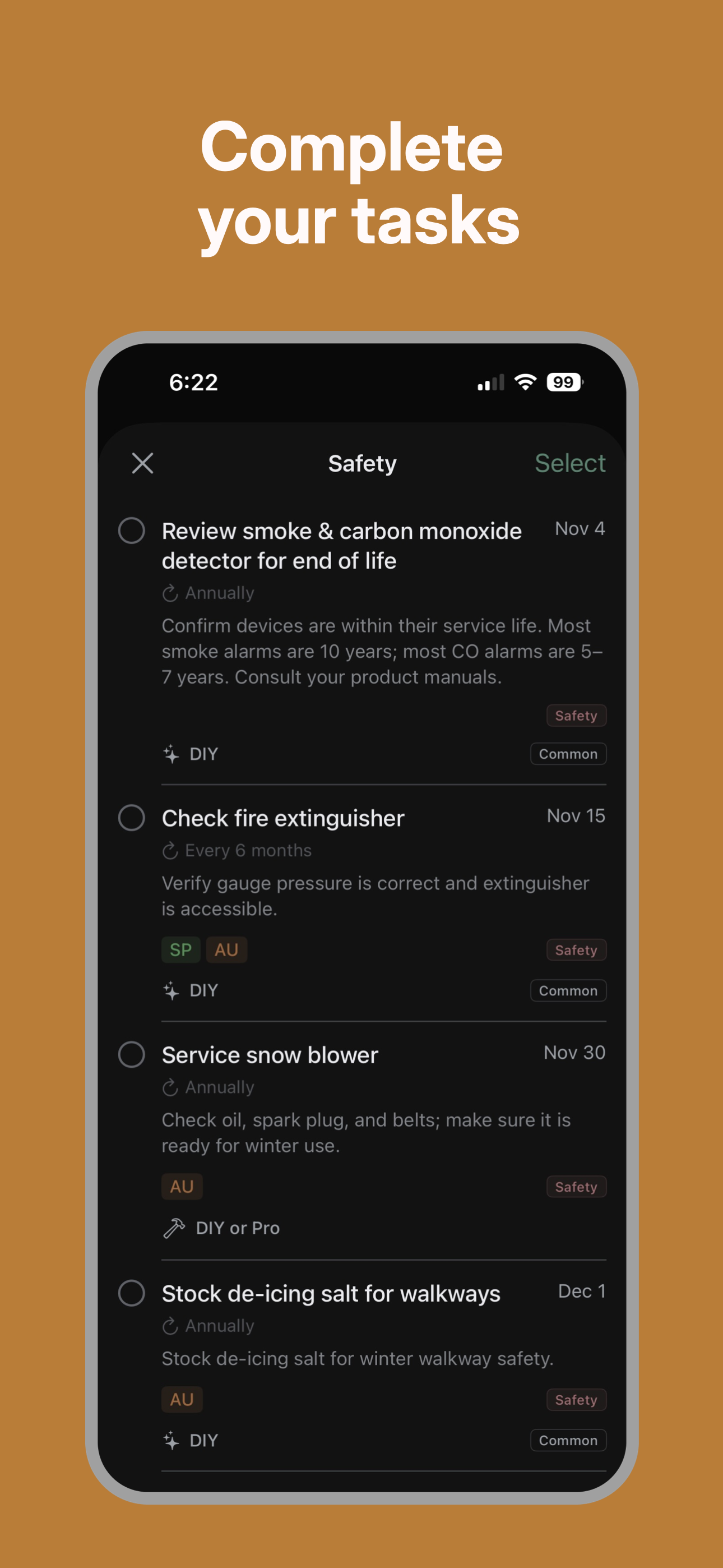 Complete Tasks Screen