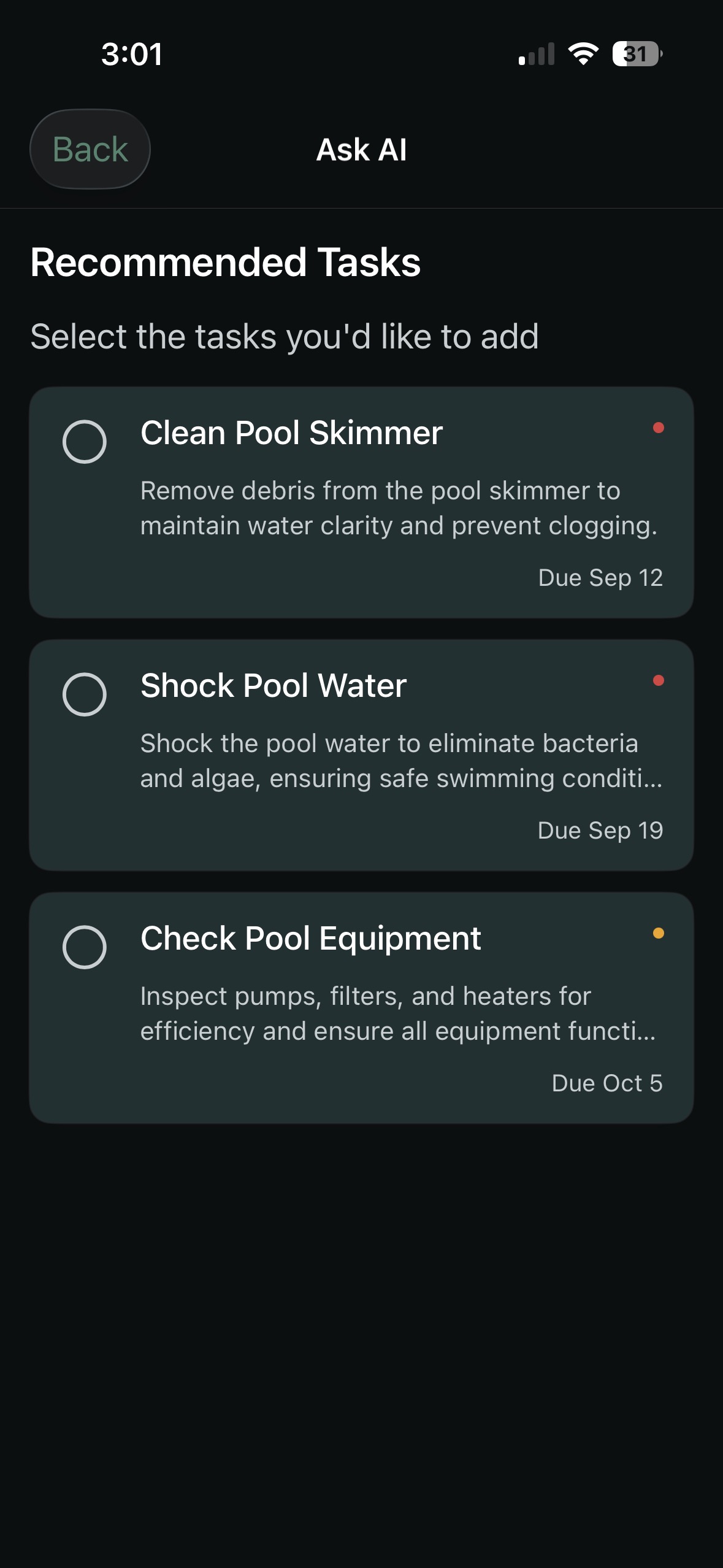 Recommended Tasks Screen