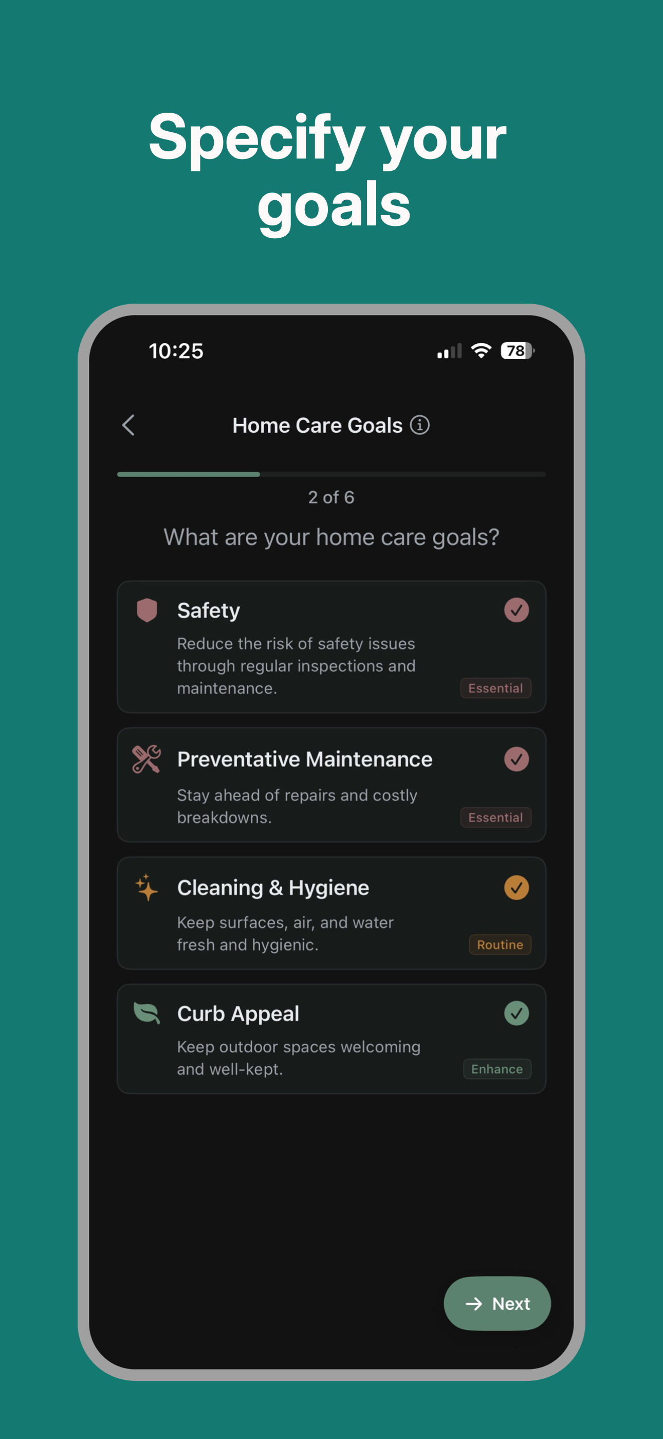 Specify Goals Screen